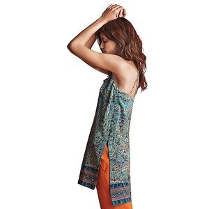 Anthropologie Maeve Meret Silk Pink Green Paisley Side Slit Tunic Boho Blouse 12